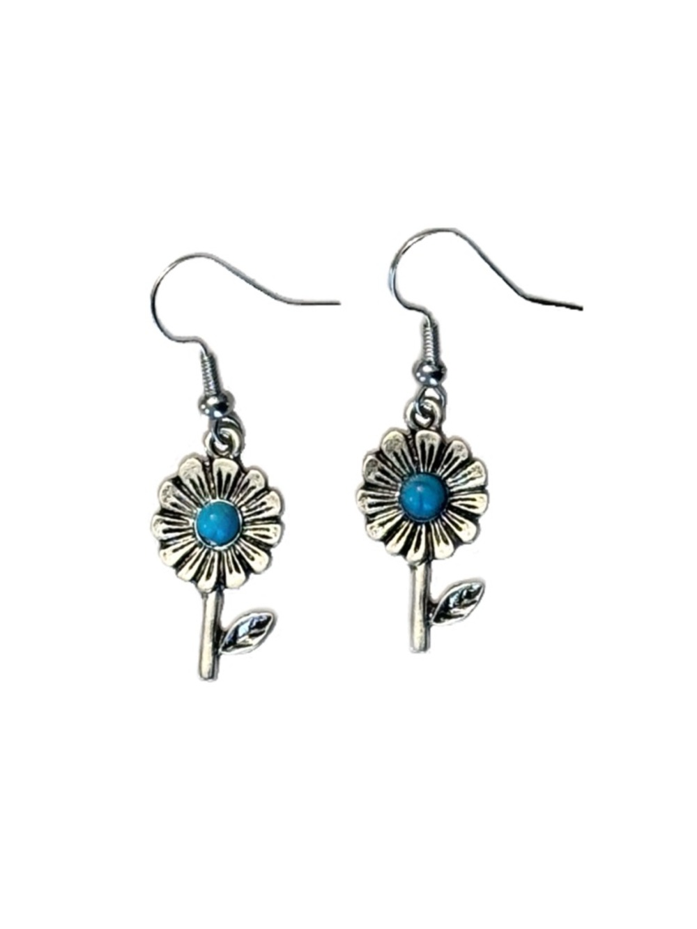 Silver Flower Dangle Earrings with Turquoise Accent
